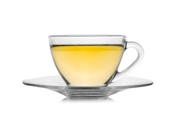 Glass cup of tea isolated on white background