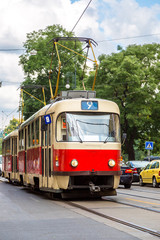 Prague red Tram detail, Czech Republic