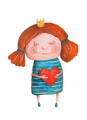 Girl in crown with heart. Watercolor and gouache Illustration - 101719665