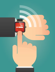 Hand pointing a smart watch with an electronic cigarette