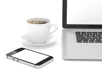 Laptop smartphone and coffee cup 