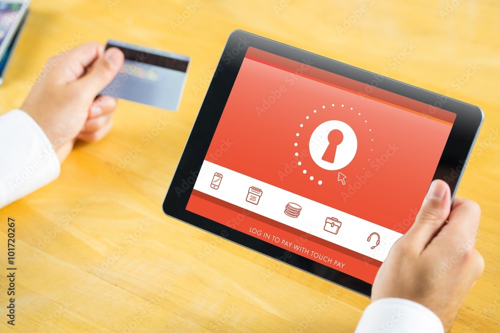 Poster composite image of man using tablet