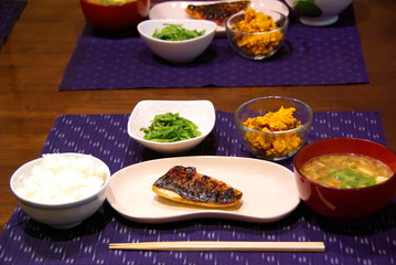 焼き魚 味噌汁 かぼちゃ手作り 手料理 - Home cooked boiled fish and Miso soup