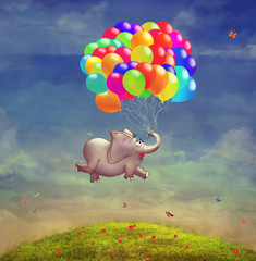 Cute  illustration of a flying elephant with balloons in the sky 