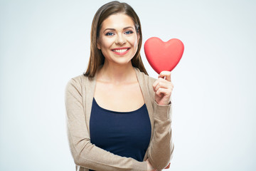 Beautiful woman hold red heart. Valentine day love concept.