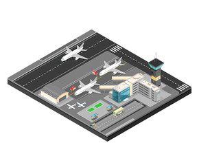 Isometric Airport with planes terminal and public transport. 
Airport building with runway.