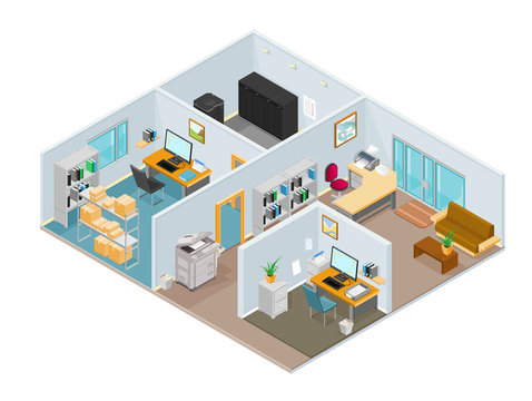 A vector illustration of a modern isometric office interior.
Isometric open plan office.