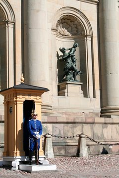 Una guardia reale sull'attenti davanti al Palazzo Reale svedese, a Stoccolma, Svezia