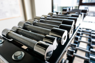 Naklejka premium Row of dumbbells in gym.