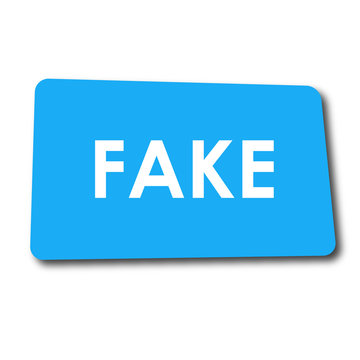 Icono plano FAKE en rectangulo azul con sombra
