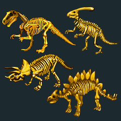 Fototapeta na wymiar Golden skeletons of four different dinosaurs