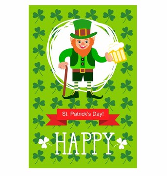 St. Patrick's Day card. Leprechaun with a stick, smoking pipe and a glass of beer