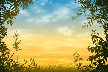 A Sunset Background with Floral Border and Leaves