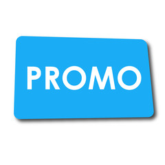 Icono plano PROMO en rectangulo azul con sombra