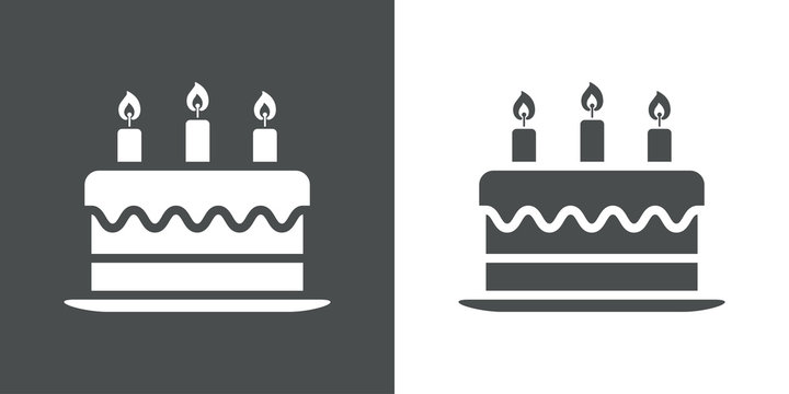 Icono plano tarta de cumpleaños con velas en fondo gris y fondo blanco