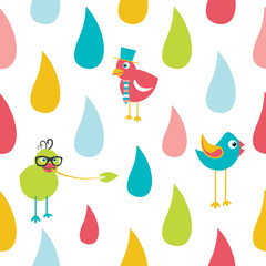 Color kid drops and birds pattern. Flat design repeat seamless background. Vector.