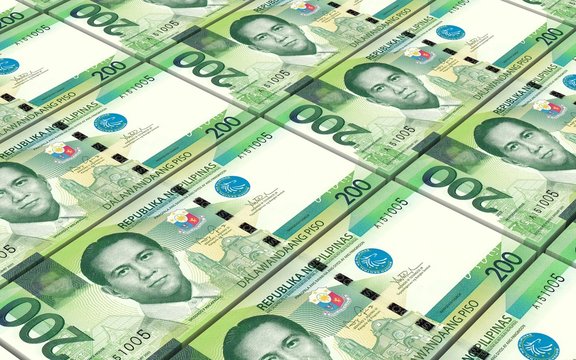 Philippines peso bills stacks background. Computer generated 3D photo rendering.