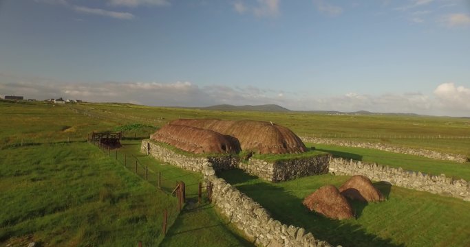 Aerial shot of Arnol blackhouse on the Isle of Lewis, Outer Hebrides, Scotland
