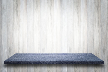 Empty top view of blue jeans table on wood background, For displ