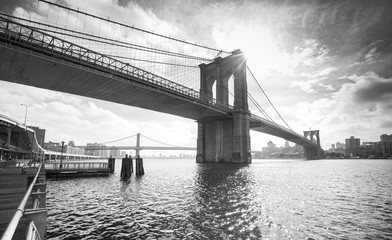 Black and white photo of Brooklyn Bridge, NYC, USA