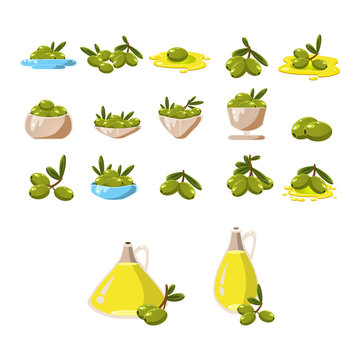 Olives Icons Set With Tree Oil Branch Leaf Isolated Vector 