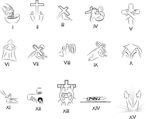 Fifteen stations of the Way of the cross (Via crucis). Simple abstract symbols for each of the stations.