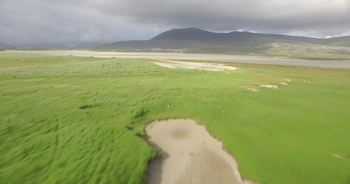 Stunning aerial shot of Luskentyre beach on the west coast of the Isle of Harris, Scotland
