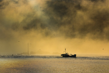 Trawler fishing boat leaves harbour with a misty sunrise. - 101734420