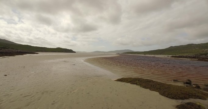 Stunning aerial shot of Luskentyre beach on the west coast of the Isle of Harris, Scotland
