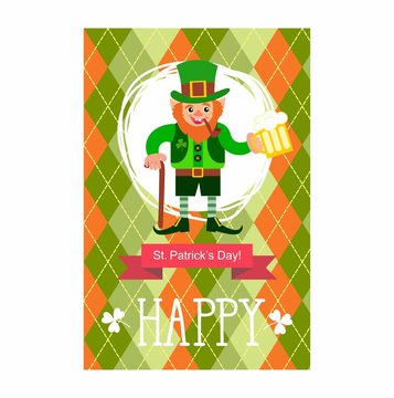 St. Patrick's Day card. Leprechaun with a stick, smoking pipe and a glass of beer