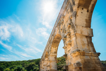 Naklejka premium Part detail of famous landmark ancient old Roman aqueduct of Pon