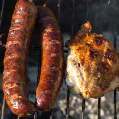 barbecue with delicious grilled meat on grill