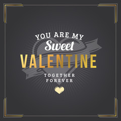 Happy Valentines Day Vintage Retro Golden Badge. Valentines Day Greeting Card or Poster. Vector Design Template with Dark Background