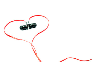 red earphone in heart shape symbol and spacing for caption
