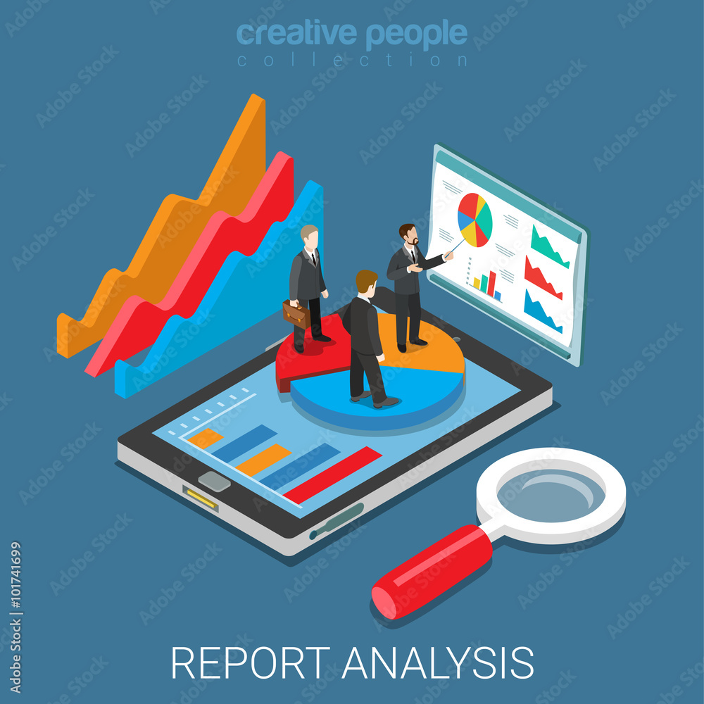Aufkleber mobile report analysis tool app flat isometric vector 3d