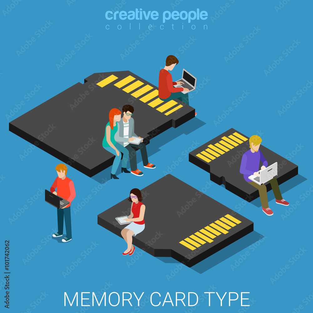 Poster memory card type size sd mini micro mmc flat 3d isometric vector