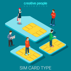 SIM card type size phone chip cards flat 3d isometric vector