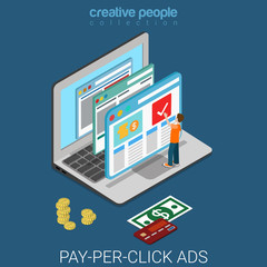 Pay-per-click internet business laptop flat 3d isometric vector