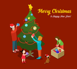 Obraz na płótnie Canvas Christmas tree family decoration winter holiday flat vector 3d