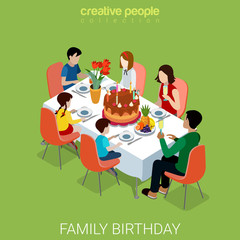 Family Birthday celebration dinner flat isometric vector 3d