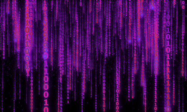 cyberspace with digital falling lines, binary hanging chain, abstract background with purple digital lines