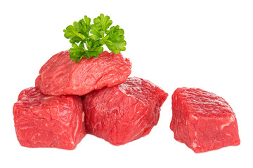 fresh raw goulash meat isolated on white background