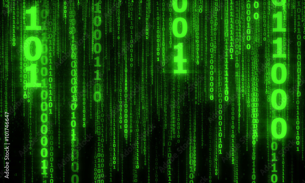 Poster cyberspace with digital falling lines, binary hanging chain, abstract background with green digital 