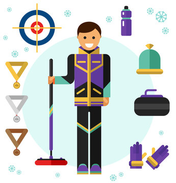 Flat design vector illustration of ice curling sport game equipment. Smiling happy curler with curling broom. Including icons of gloves, hat, bottle, broom, stone and gold, silver and bronze medals.