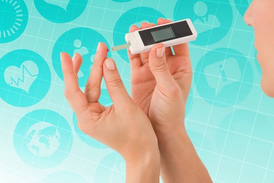 Composite Image Of Diabetic Woman Using Blood Glucose Monitor