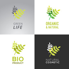 Collection of tags for organic products. Graphic design elements with text and different colour combinations. Creative ideas for labels.