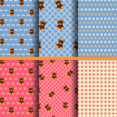 set of baby seamless patterns with bears for boy and girl