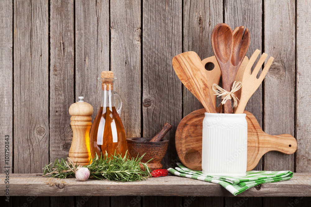 Canvas Prints Kitchen utensils, herbs and spices on shelf