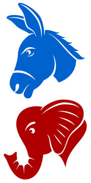 Vector illustration of a donkey and an elephant, representing the Democratic and Republican political parties of the United States.