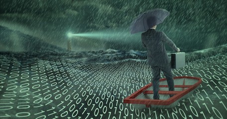Composite image of businessman in boat with umbrella